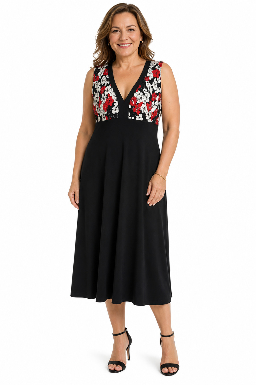 K Black White Red Jersey Knit A-Line Stretch V-Neck Summer Dress Babydoll sz 12